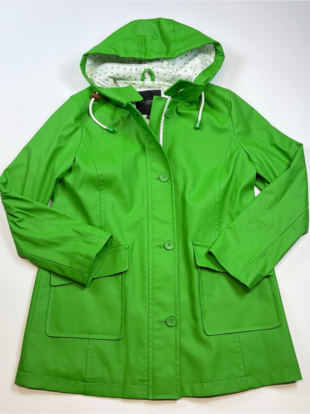 TALBOTS PETITES GREEN HOODED RAIN JACKET POLKA DOT LINED SIZE SP